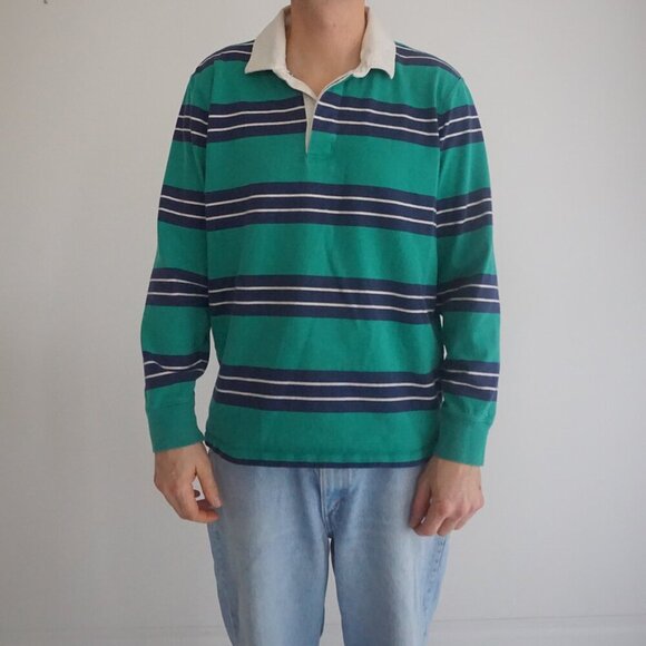 Lands' End Green Blue Stripe Rugby 100% Cotton Long Sleeve Preppy Polo Shirt L - Picture 1 of 9